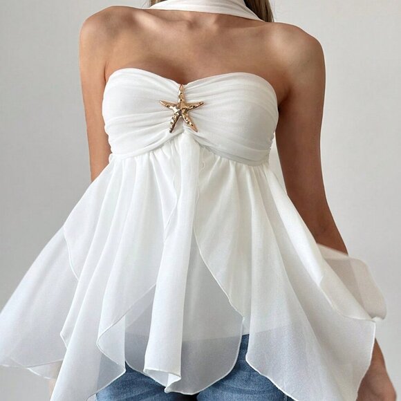 Tops - Women's Elegant Romantic Sexy Elegant Style Starfish Embellished top - white